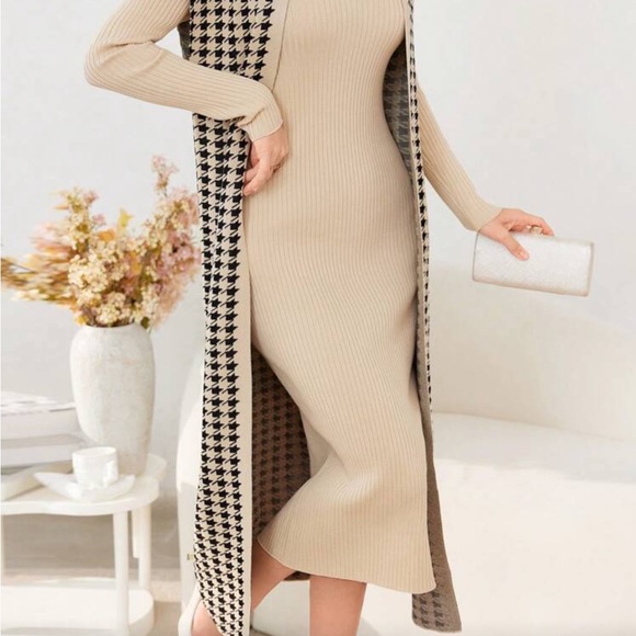 Beige and Black Houndstooth Long Cardigan Dress - Picture 6 of 14